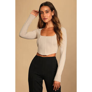 Lulus Flair For The Flirty Beige Ribbed Long Sleeve Bustier Crop Top - Size S